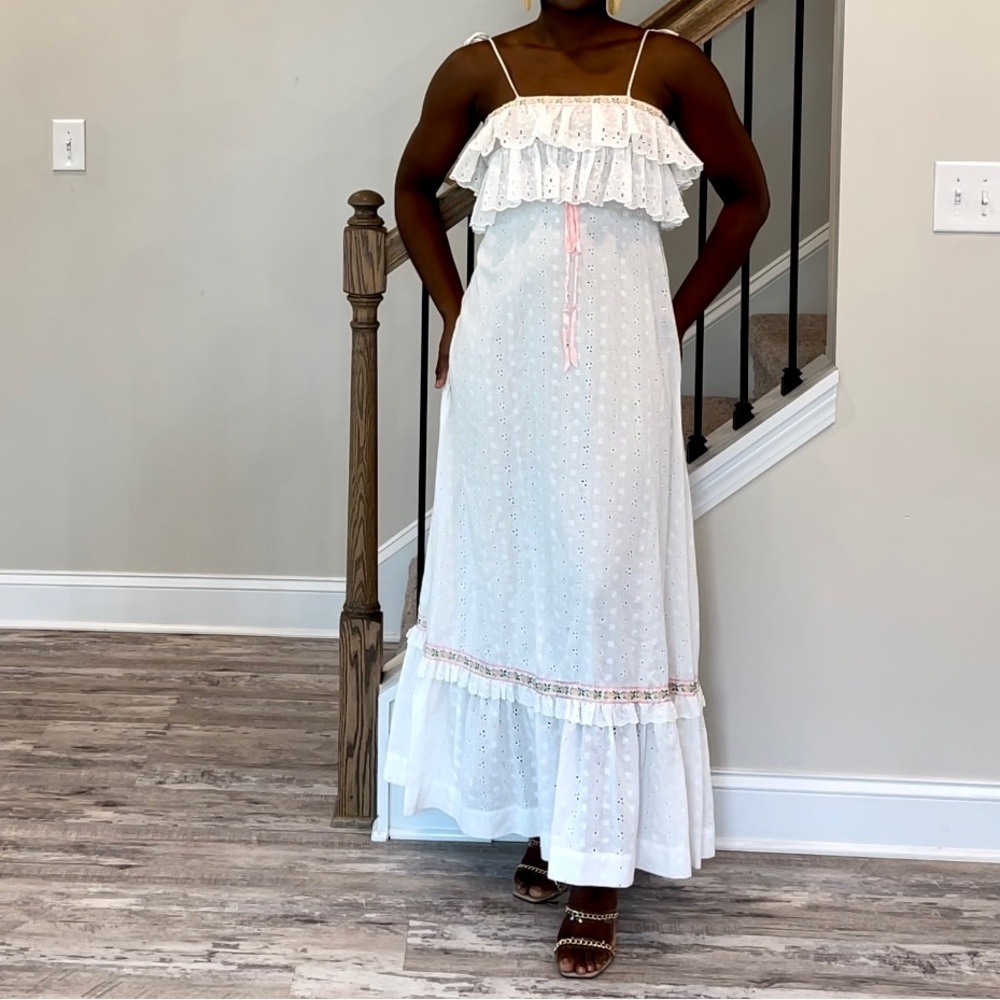 Vintage 1970s Empite Waist Ruffle white Eyelet Chest Maxi Dress